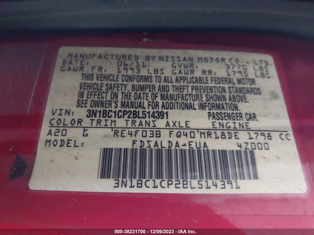 2011 NISSAN VERSA 1.8S VIN: 3N1BC1CP2BL514391