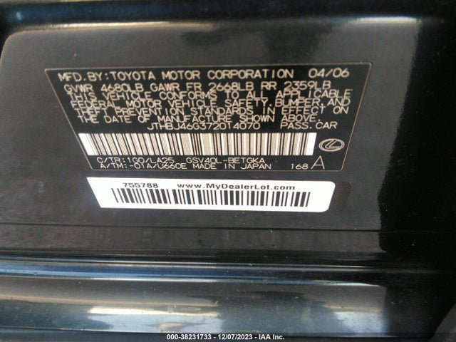 2007 LEXUS ES 350 VIN: JTHBJ46G372014070