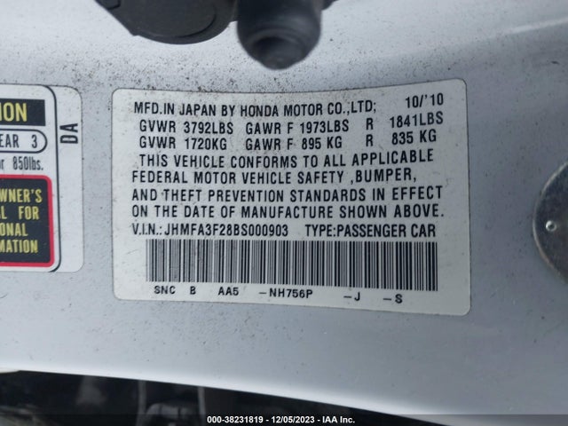 2011 HONDA CIVIC HYBRID VIN: JHMFA3F28BS000903