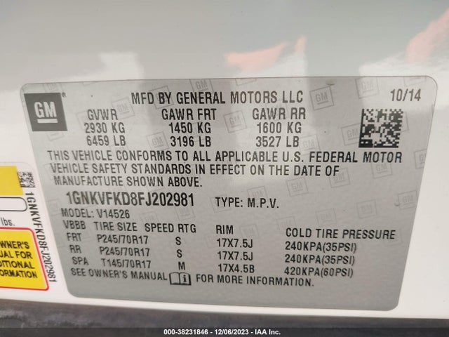 Chevrolet Traverse Ls 2015 1GNKVFKD8FJ202981 Image 9