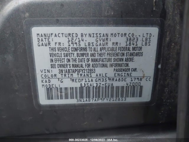2015 NISSAN SENTRA FE+ S/S/SV/SR/SL VIN: 3N1AB7AP9FY212853