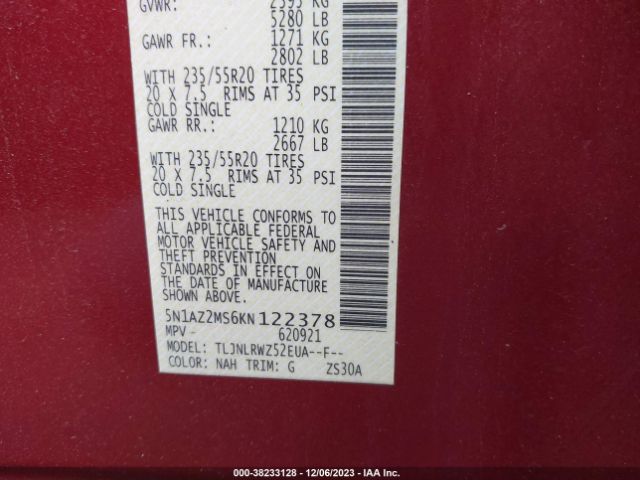 5N1AZ2MS6KN122378 Nissan MURANO SL