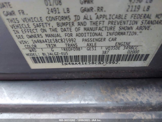38233262 :رقم المزاد ، 1N4BA41E58C825992 vin ، 2008 Nissan Maxima 3.5 Sl مزاد بيع