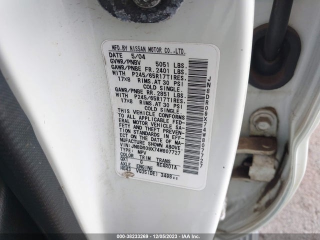 2004 NISSAN PATHFINDER LE PLATINUM VIN: JN8DR09X74W807727