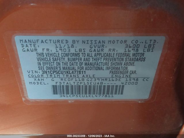 3N1CP5CU1KL477811 Nissan KICKS SR