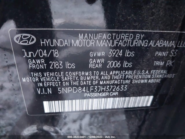2018 HYUNDAI ELANTRA SEL VIN: 5NPD84LF3JH372633