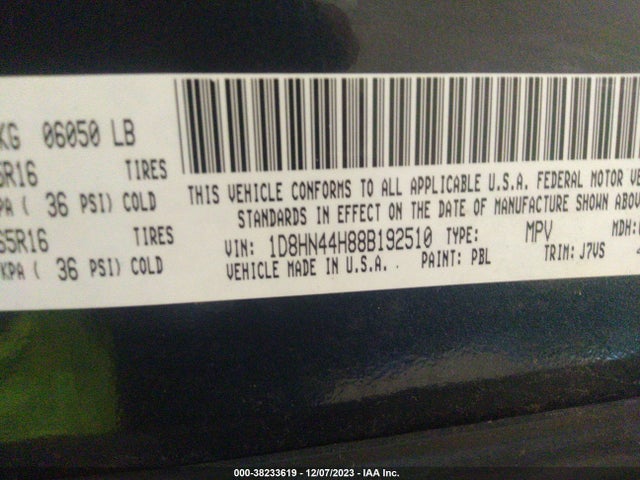 2008 DODGE GRAND CARAVAN SE VIN: 1D8HN44H88B192510