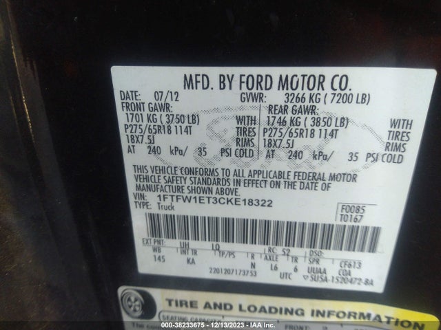 2012 FORD F-150 KING RANCH VIN: 1FTFW1ET3CKE18322