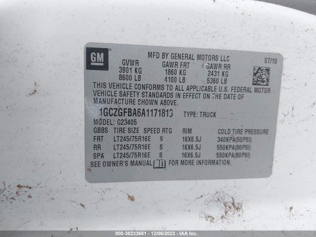 2010 CHEVROLET EXPRESS 2500 WORK VAN VIN: 1GCZGFBA6A1171813