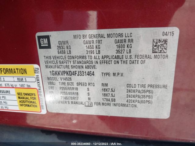 1GKKVPKD4FJ331464 GMC Acadia Sle-2