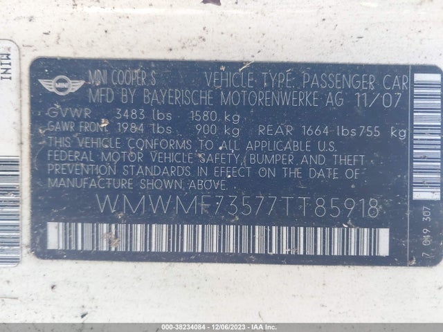 2007 MINI COOPER S WMWMF73577TT85918 Photo 8