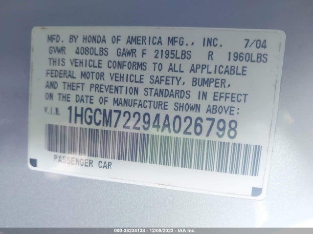 2004 HONDA ACCORD 2.4 LX VIN: 1HGCM72294A026798