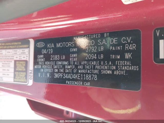 3KPF34AD4KE118878 KIA FORTE S