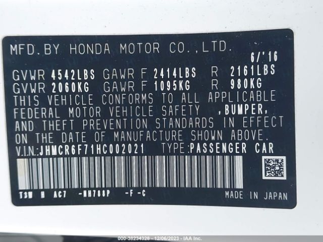 JHMCR6F71HC002021 Honda Accord Hybrid Touring