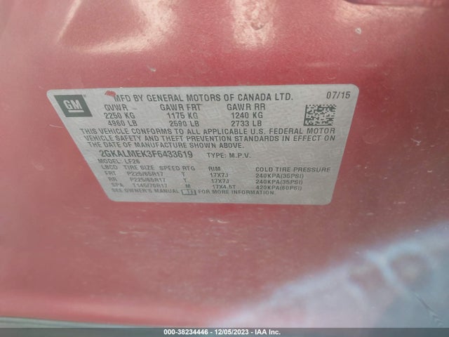 GMC Terrain Sle-1 2015 2GKALMEK3F6433619 Image 9