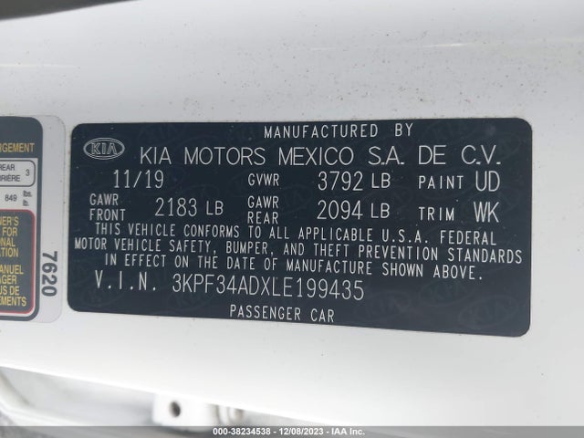 2020 KIA FORTE GT LINE VIN: 3KPF34ADXLE199435