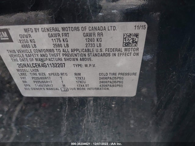 2016 CHEVROLET EQUINOX LT VIN: 2GNALCEK4G1132207