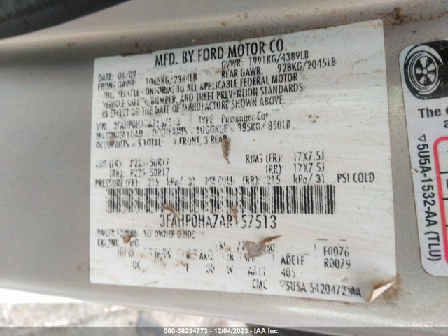 2010 FORD FUSION SE VIN: 3FAHP0HA7AR157513