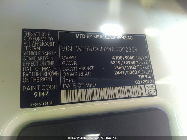 W1Y4DCHY4NT092359 Mercedes-Benz Sprinter 2500 High Roof I4 Diesel