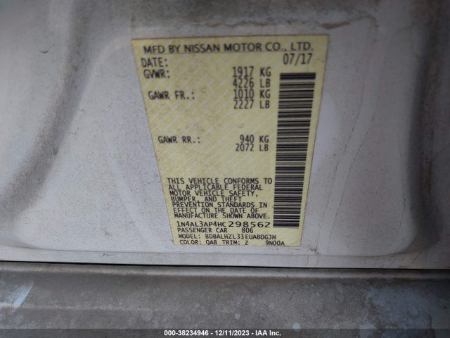2017 NISSAN ALTIMA 2.5 SR VIN: 1N4AL3AP4HC298562