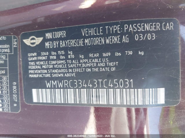 2003 MINI COOPER HARDTOP WMWRC33443TC45031 Photo 8