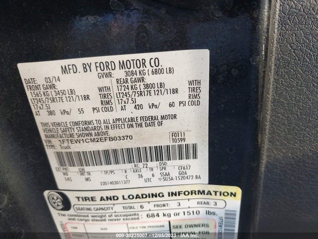 2014 FORD F-150 XLT VIN: 1FTEW1CM2EFB03370