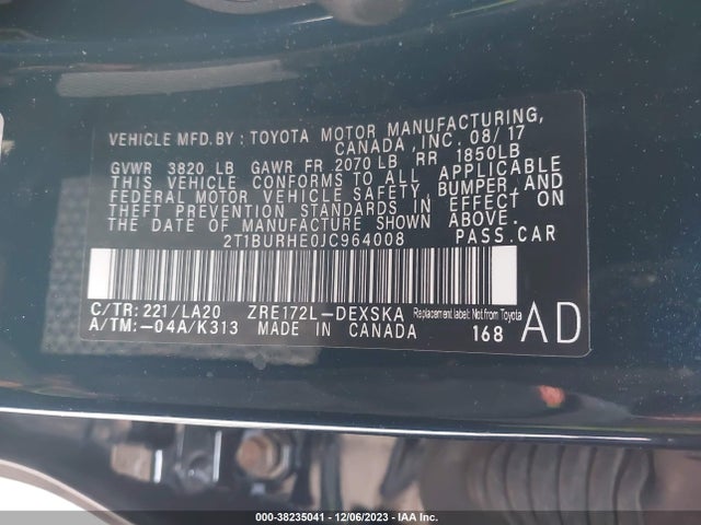2018 TOYOTA COROLLA XSE VIN: 2T1BURHE0JC964008