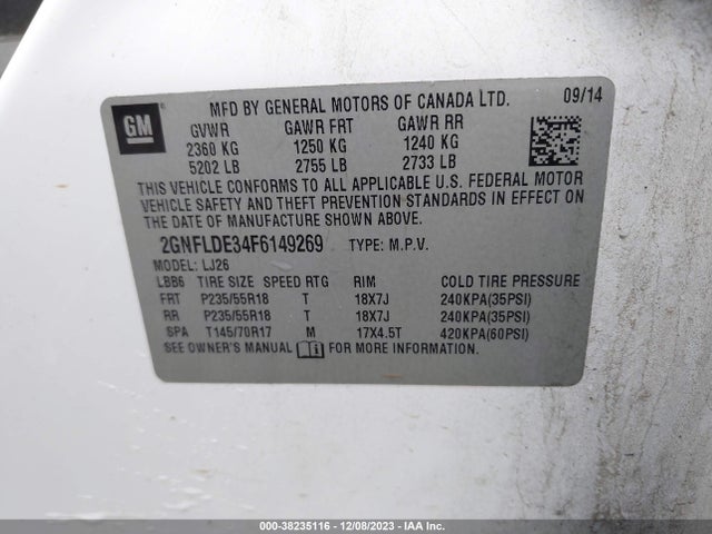 Chevrolet Equinox Ltz 2015 2GNFLDE34F6149269 Image 9