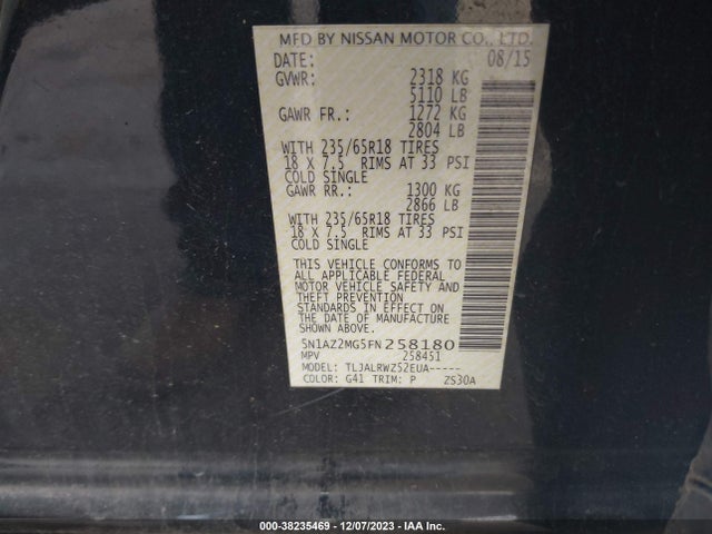 2015 Nissan Murano Sl მანქანა იყიდება აუქციონზე, vin: 5N1AZ2MG5FN258180, აუქციონის ნომერი: 38235469