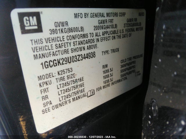 2003 CHEVROLET SILVERADO 2500 LS VIN: 1GCGK29U03Z344938