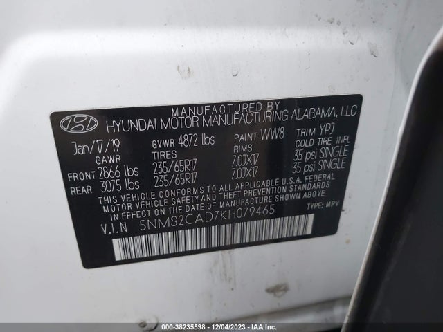 2019 HYUNDAI SANTA FE SE VIN: 5NMS2CAD7KH079465