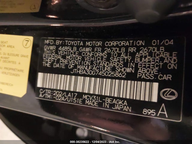 2004 LEXUS ES 330 VIN: JTHBA30G745025862