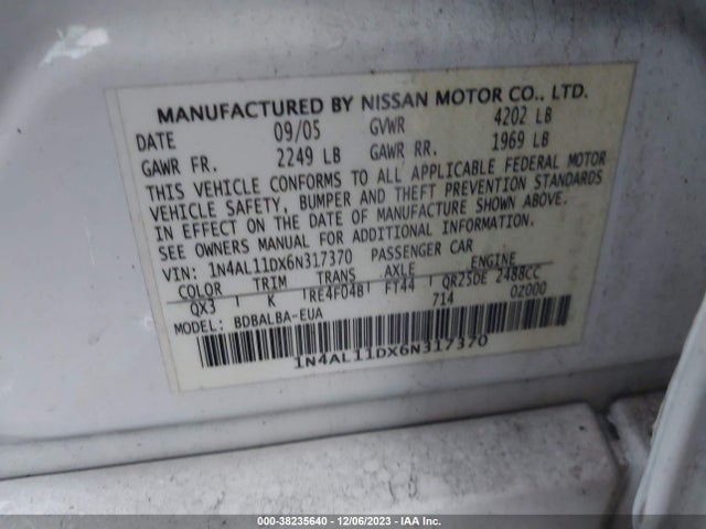 2006 NISSAN ALTIMA 2.5 S VIN: 1N4AL11DX6N317370