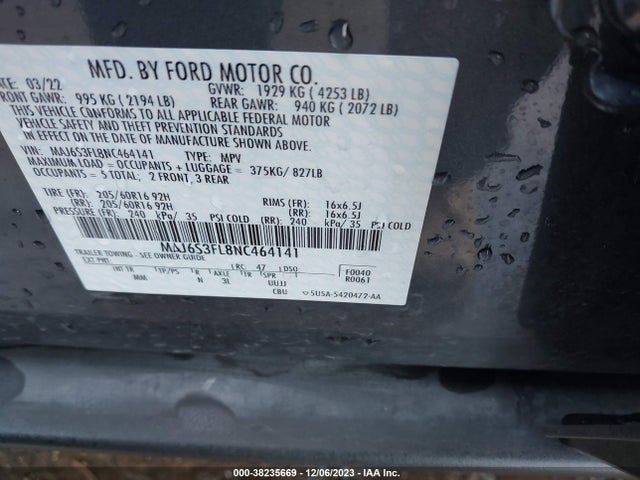 2022 FORD ECOSPORT S VIN: MAJ6S3FL8NC464141