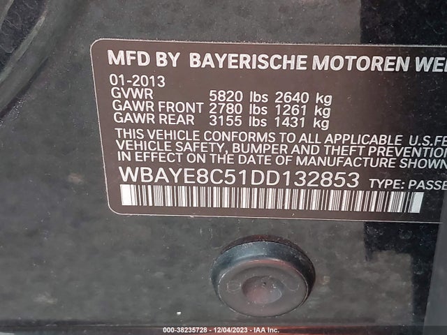Aukcja sprzedaży 2013 Bmw 7 Series 750li, vin: WBAYE8C51DD132853, numer aukcji: 38235728