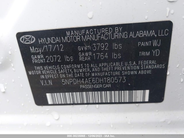 2013 HYUNDAI ELANTRA GLS VIN: 5NPDH4AE6DH180573