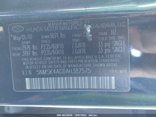 2010 HYUNDAI SANTA FE LIMITED V6 VIN: 5NMSK4AG0AH387575