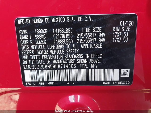 2020 HONDA HR-V AWD EX VIN: 3CZRU6H59LM714803