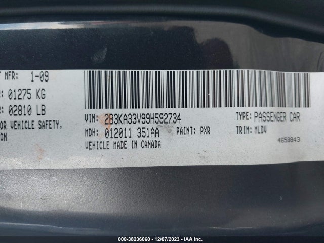 2009 DODGE CHARGER SXT VIN: 2B3KA33V99H592734