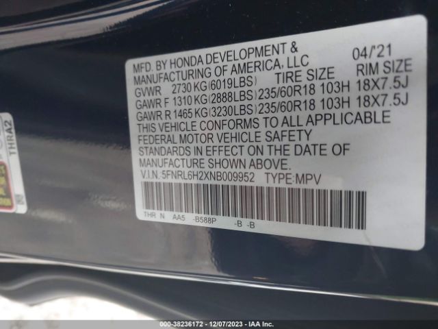 5FNRL6H2XNB009952 Honda ODYSSEY LX