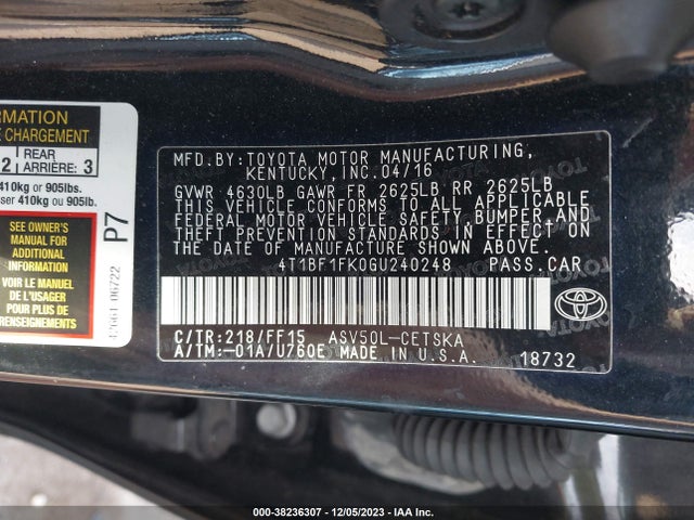 Toyota CAMRY SE 2016 4T1BF1FK0GU240248 Image 9