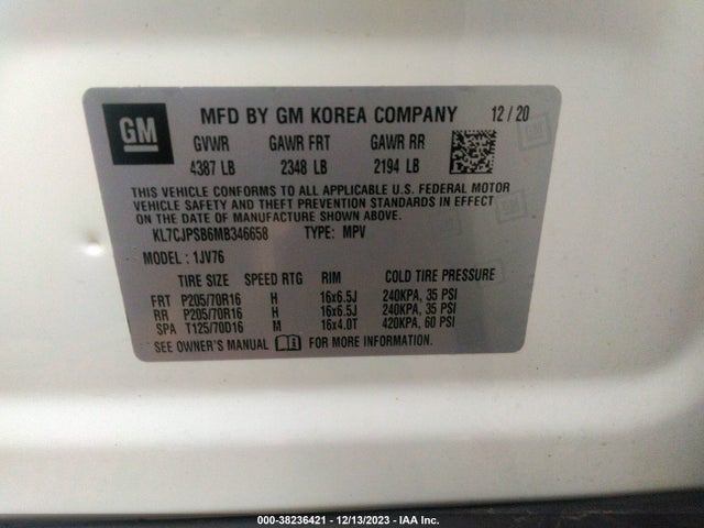 Chevrolet Trax Awd Lt 2021 KL7CJPSB6MB346658 Image 9