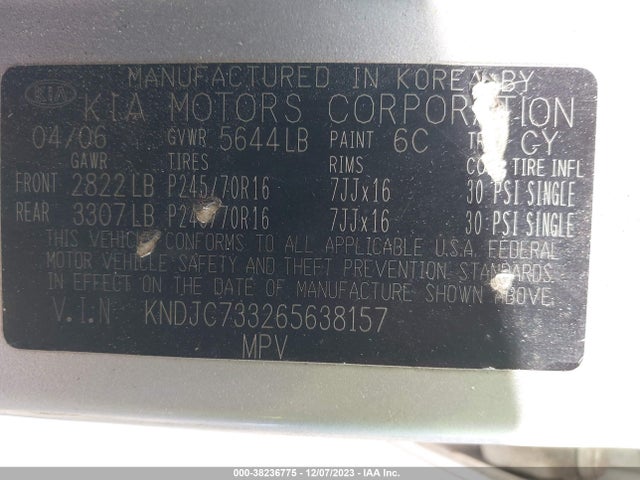 2006 KIA SORENTO EX/LX VIN: KNDJC733265638157