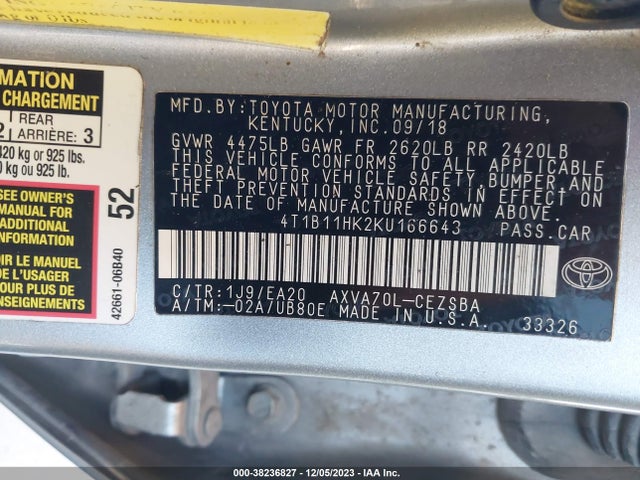 Toyota CAMRY SE 2019 4T1B11HK2KU166643 Image 9