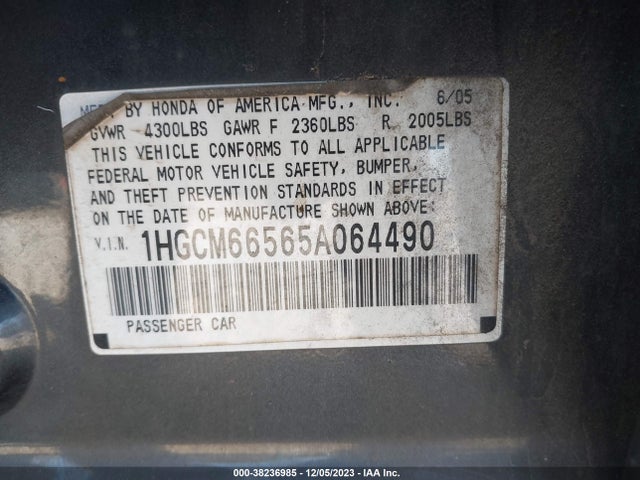 2005 Honda Accord 3.0 Ex მანქანა იყიდება აუქციონზე, vin: 1HGCM66565A064490, აუქციონის ნომერი: 38236985