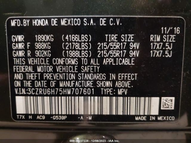 3CZRU6H75HM707601 Honda Hr-v Ex-l