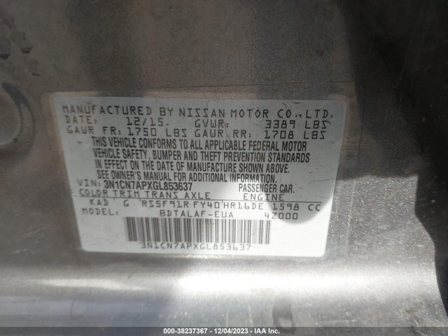2016 NISSAN VERSA 1.6 S+ VIN: 3N1CN7APXGL853637