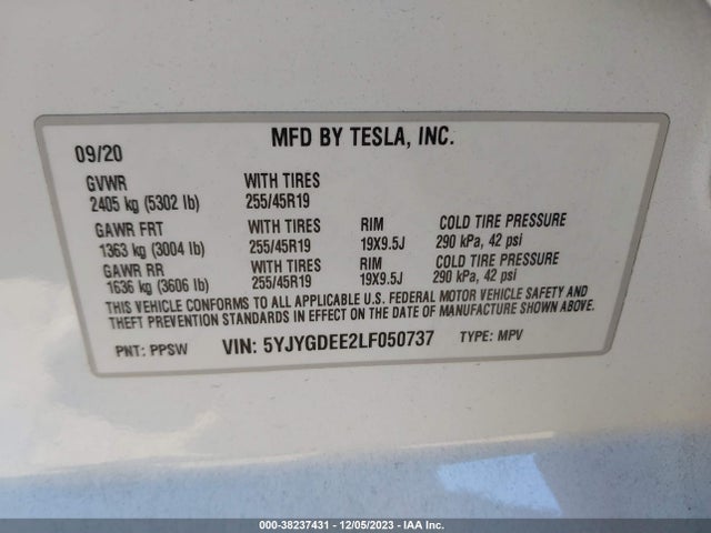 2020 TESLA MODEL Y LONG RANGE DUAL MOTOR ALL-WHEEL DRIVE VIN: 5YJYGDEE2LF050737