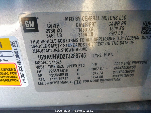 Chevrolet Traverse 2lt 2015 1GNKVHKD2FJ283746 Image 9
