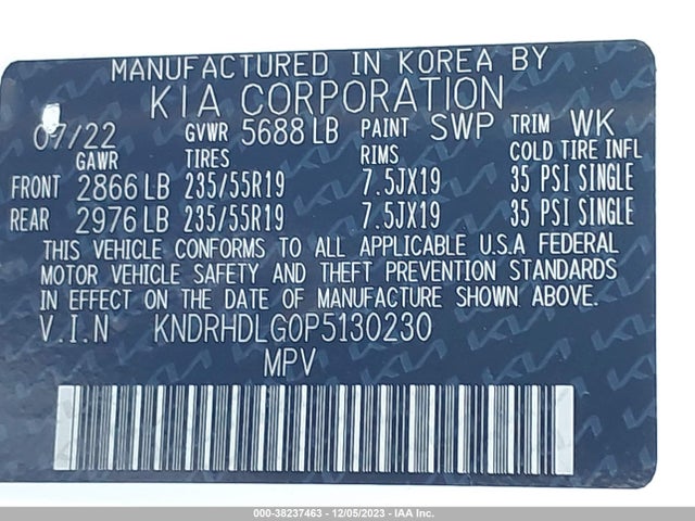 2023 KIA SORENTO HYBRID EX VIN: KNDRHDLG0P5130230